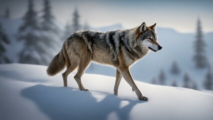 Gray Wolf Walking in Snow  Winter Landscape