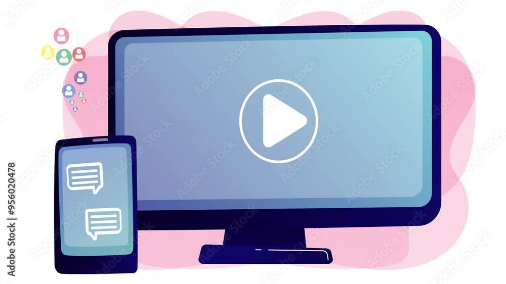 Sticker play button animation over computer monitor and smartphone on pink background