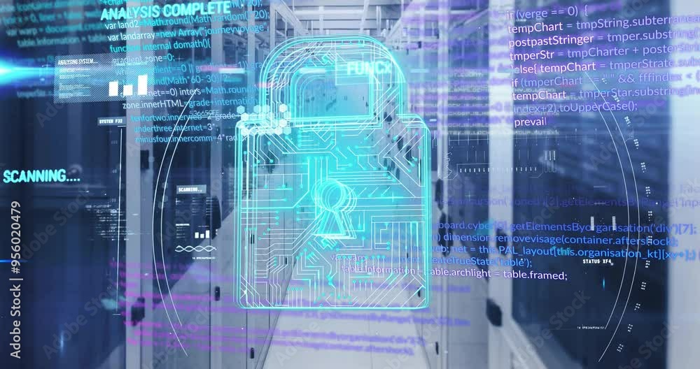 Poster digital lock and code processing animation over server room background