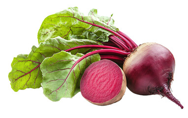 Red beet root with leaves on transparent background, png	
