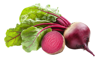 Red beet root with leaves on transparent background, png	