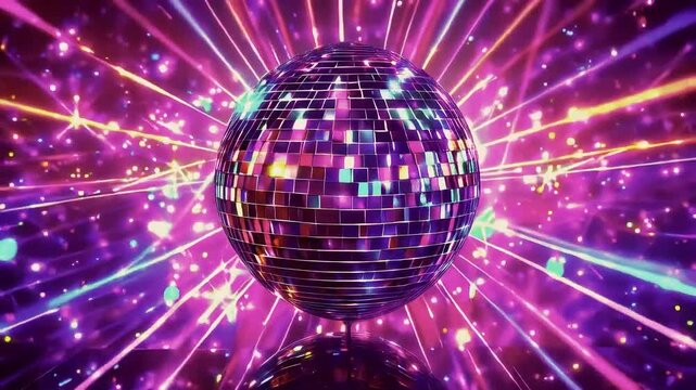 A shiny disco ball reflects bright light from laser beams.