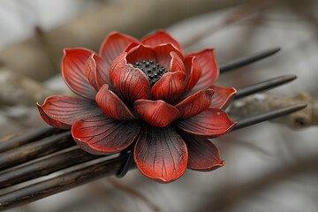 a red flower on a stick. 