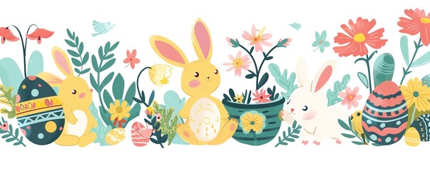 Obraz premium Easter bunnies, colorful eggs, Easter baskets, chicks, Easter flowers, cute lambs, flat design illustration