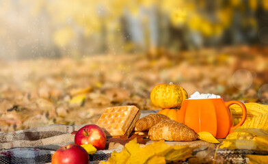 Autumn picnic in the park. Orange cup of coffee with marshmallow, apple and croissants and waffles on picnic blanket on nature yellow leaves. Active lifestyle concept