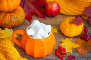 Orange pumpkin mug with marshmallows and yellow pumpkins with colourful autumn leaves on wooden table. Autumn time

