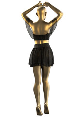 Layered laced skirt and top with ruffle of black color on golden female mannequin, isolated background, 3D Illustration.