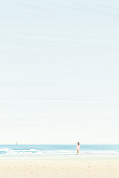 Minimalist seascape with light blue sky vertical background have a woman standing on the sandy beach and hit by waves graphic illustration.