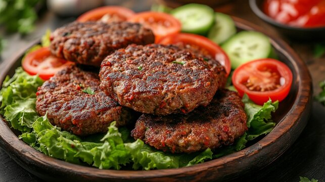 Spicy chapli kebabs served on a bed of lettuce with slices of tomatoes and cucumbers.