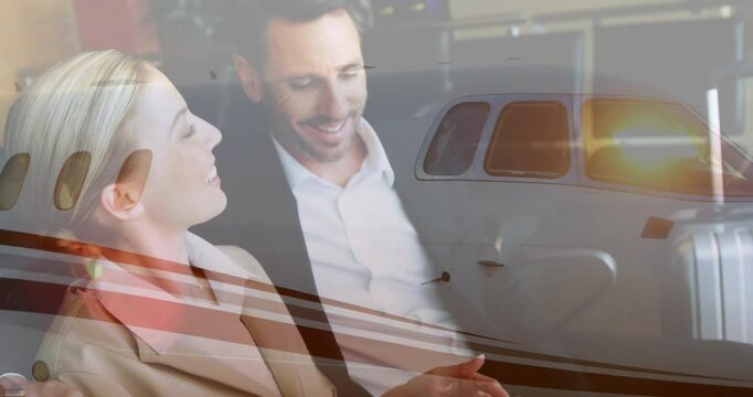 Smiling business people talking over private jet animation