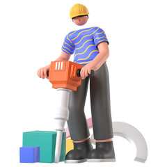 Man Working Jackhammer for Building Construction 3D Illustration
