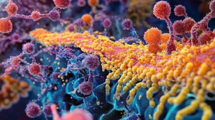 Naklejka premium Microscopic View of a Cell's Surface with Virus Particles