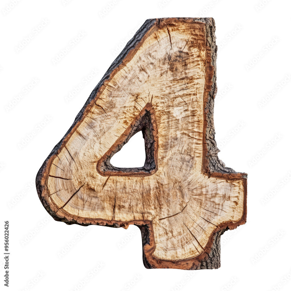 Poster tree trunk cut into number 4 isolated on white background
