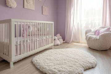 A cozy nursery with a crib, plush toys, and a soft rug in a pastel purple-themed room.