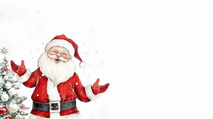 Fototapeta premium Joyful Santa Claus Celebrating with Christmas Tree on Snowy Background