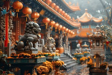 a temple with statues and flowers.