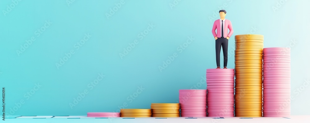 Wall mural Businessman Standing on Top of a Stack of Coins.