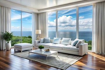 Fototapeta premium Minimalist luxury modern living room interior design, morning light, modern interior concept for use.