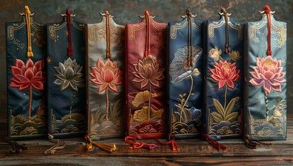 a group of bags with flowers on them. 