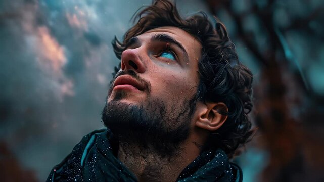 A young man gazes upward, marveling at the night sky filled with stars and clouds in a serene forest setting