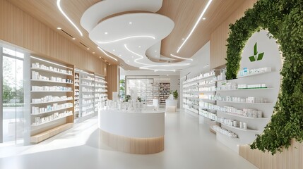 Sleek and Modern Pharmacy Interior with Organized Medication Displays and Ambient Lighting