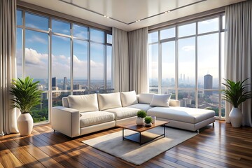 Fototapeta premium Minimalist luxury modern living room interior design, morning light, modern interior concept for use.