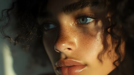 Soft lit Close up Portrait of Thoughtful Female Model with Framed Features