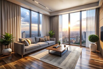 Fototapeta premium Minimalist luxury modern living room interior design, morning light, modern interior concept for use.