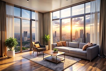 Fototapeta premium Minimalist luxury modern living room interior design, morning light, modern interior concept for use.