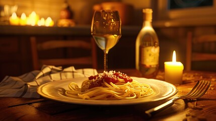 Fototapeta premium Romantic Dinner Setting with Pasta and Wine