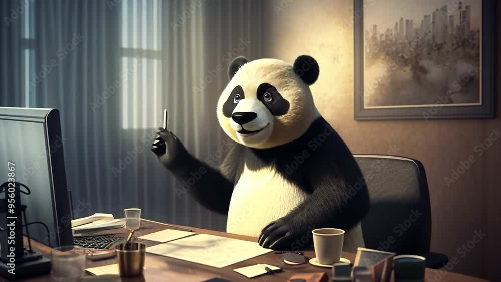 Poster panda working diligently at a desk in a modern office environment generative ai
