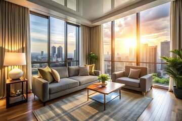 Minimalist luxury modern living room interior design, morning light, modern interior concept for use.