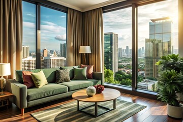 Fototapeta premium Minimalist luxury modern living room interior design, morning light, modern interior concept for use.