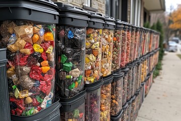 Multiple garbage cans filled with waste. This photo illustrates the issue of trash and waste management in urban areas.
