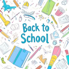 Back to School Illustration: Colorful School Supplies Scattered on White Background
