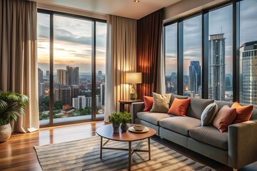 Fototapeta premium Minimalist luxury modern living room interior design, morning light, modern interior concept for use.