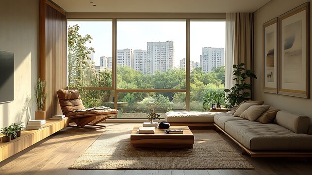 Contemporary Scandinavian living room, practical layout with furniture placed for ease of movement, neutral color scheme, light wood accents, large windows, natural light enhancing the space,