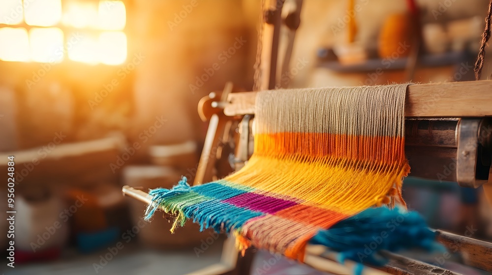 Poster Vibrant Weaving Loom Crafting Colorful Fabric in Rustic Workshop Setting