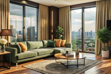Fototapeta premium Minimalist luxury modern living room interior design, morning light, modern interior concept for use.
