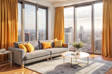 Fototapeta premium Minimalist luxury modern living room interior design, morning light, modern interior concept for use.