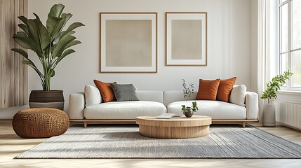 Elegant Scandinavian living room, neutral color scheme, whites and grays, minimalist furnishings, large windows with natural light, wooden elements, soft textures, clean lines,