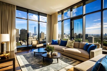 Minimalist luxury modern living room interior design, morning light, modern interior concept for use.