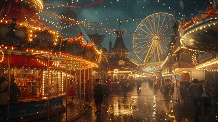 Obraz premium a carnival with lights and a ferris wheel. 