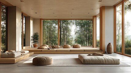 Functional Scandinavian living room layout, furniture arranged for ease of movement, neutral color scheme, light wood elements, spacious and uncluttered, large windows with soft natural light,