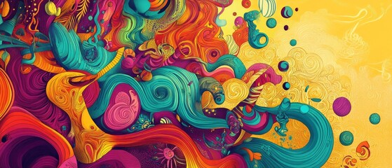Colorful line art illustration depicting a vibrant scene with dynamic shapes and intricate details