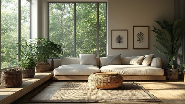 Functional Scandinavian living room layout, furniture arranged for ease of movement, neutral color scheme, light wood elements, spacious and uncluttered, large windows with soft natural light,