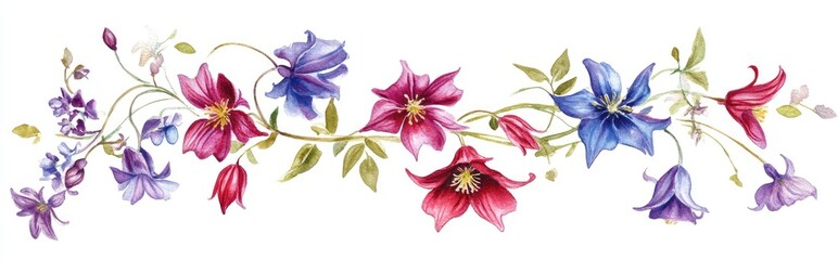 Watercolor wreath featuring meadow bell flowers and wild columbine Hand painted floral arrangement on a white background