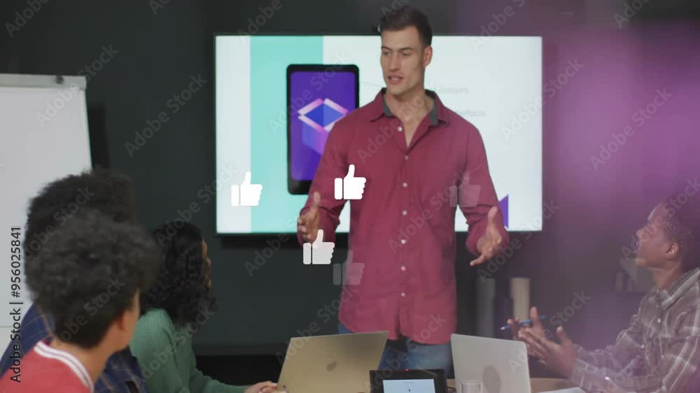 Sticker Presenting to colleagues in office, man surrounded by social media likes animation