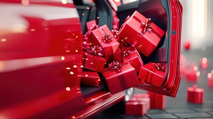 Naklejka premium 4h Car Door, a pile of red gift boxes pouring out of the car door, close-up shot