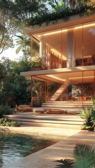 Fototapeta premium Modern house with pool and greenery. This image showcases a luxurious home with a swimming pool and lush landscaping, perfect for interior design, architecture, and lifestyle concepts.